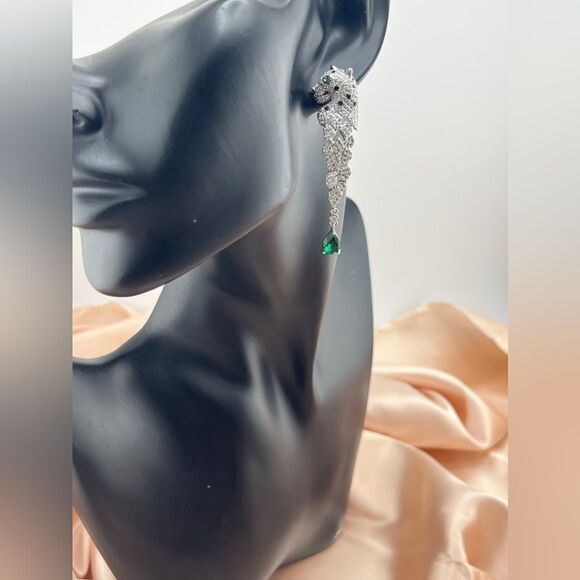 Sterling Silver Stud Panther Drop Earrings with Cubic Zirconia - Picture 9 of 12